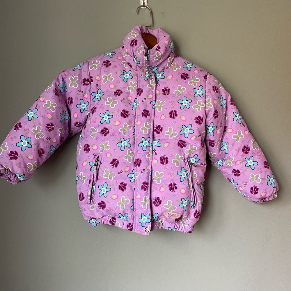 Alpine Design girls purple flower and butterfly down puffer jacket no hood 6X